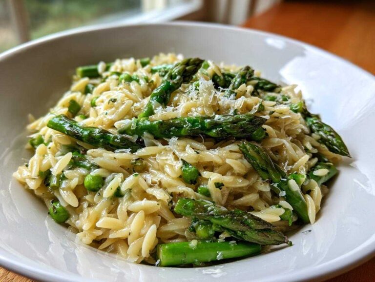 A close-up of a white bowl filled with creamy Lemon garlic orzo with asparagus and peas, topped with grated cheese.
