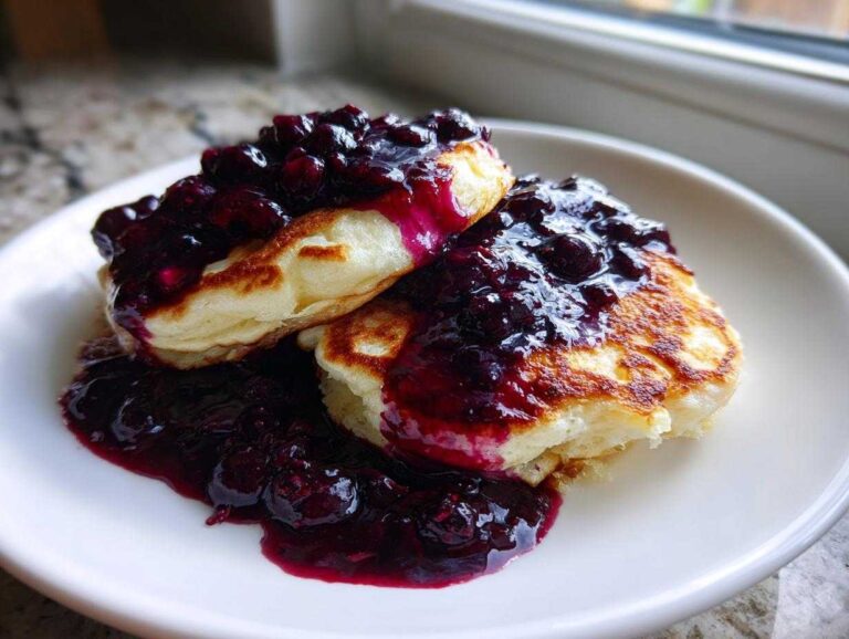Two fluffy lemon ricotta pancakes topped generously with dark blueberry compote on a white plate.