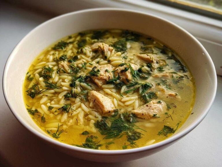 Close-up of a white bowl filled with Mediterranean lemon chicken soup, featuring orzo pasta, chunks of chicken, and fresh dill.