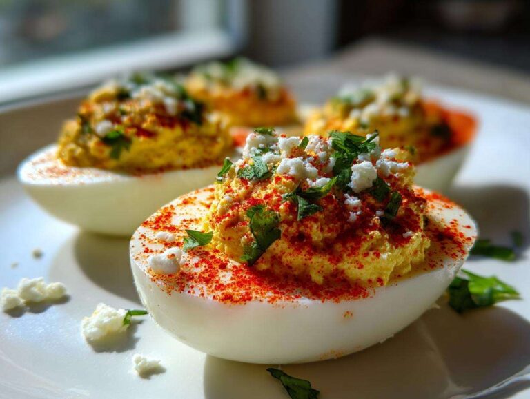 Close-up of Mexican street corn deviled eggs topped with chili powder, cotija cheese, and cilantro.