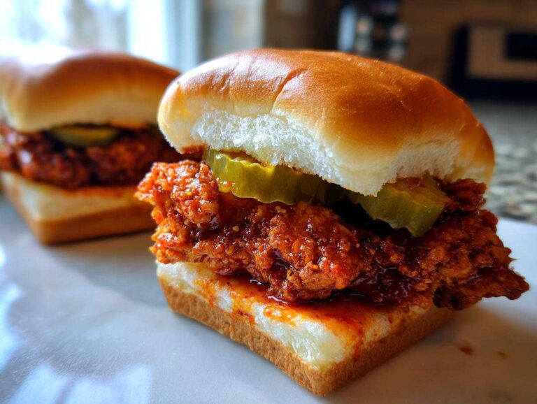 Close-up of a delicious Nashville hot chicken slider featuring crispy, spicy chicken and pickles on a soft bun.