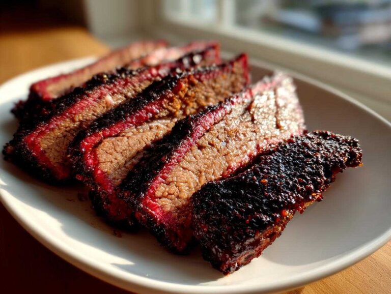 Close-up of perfectly sliced smoked brisket showing a deep red smoke ring and dark bark, ready for National Brisket Day smoked platter.