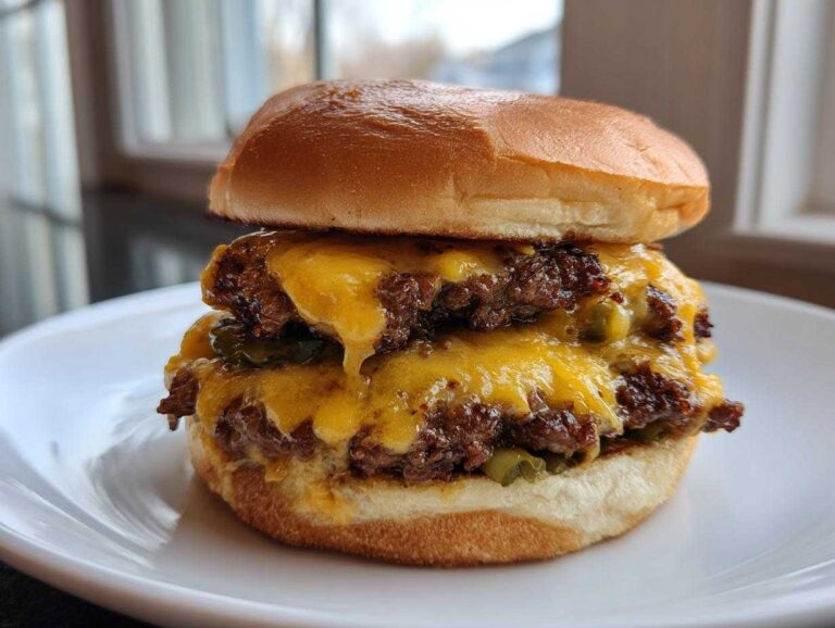A tall, juicy double patty National Hamburger Day smash burger with melted cheese and pickles on a white plate.