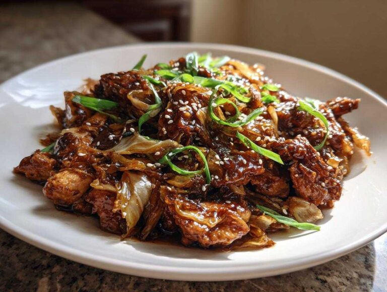 A close-up of glossy, saucy one pan chicken and cabbage stir fry topped with sesame seeds and green onions.