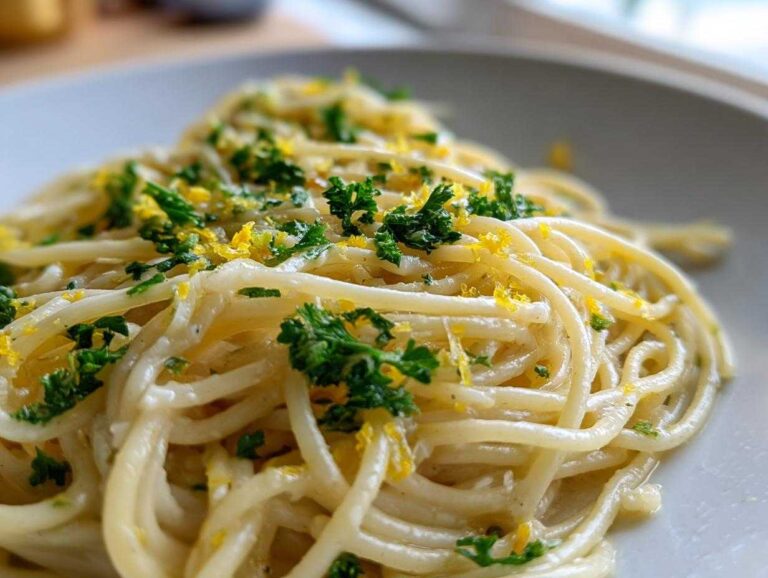A close-up of creamy One pot 15 minute pasta limone topped with fresh parsley and lemon zest.