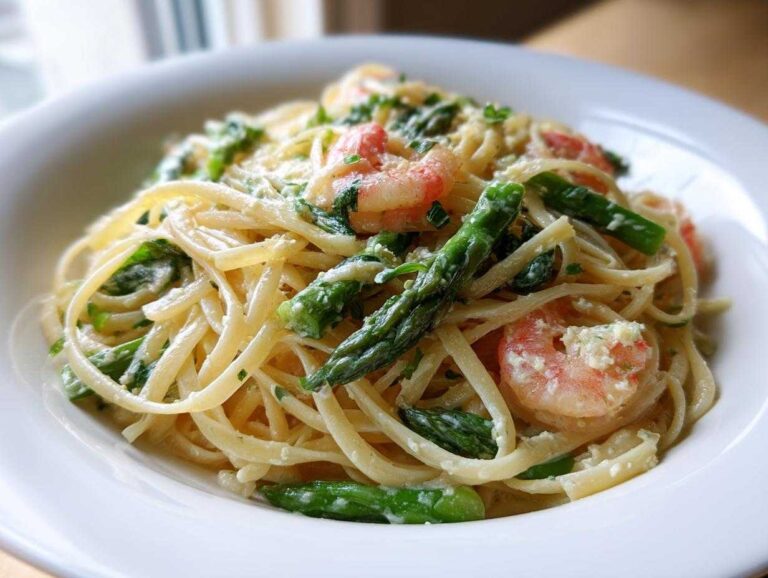 A close-up of creamy linguine pasta with pink shrimp and bright green asparagus spears, representing the one pot shrimp primavera.