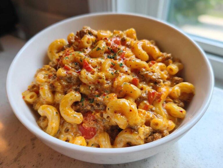 Close-up of a white bowl filled with creamy, cheesy one pot taco pasta mixed with ground meat and topped with spices.