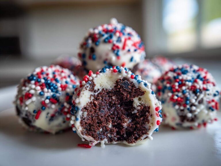 Close-up of Oreo brownie pops coated in white chocolate and patriotic sprinkles, one is cut open showing the dark, dense center.