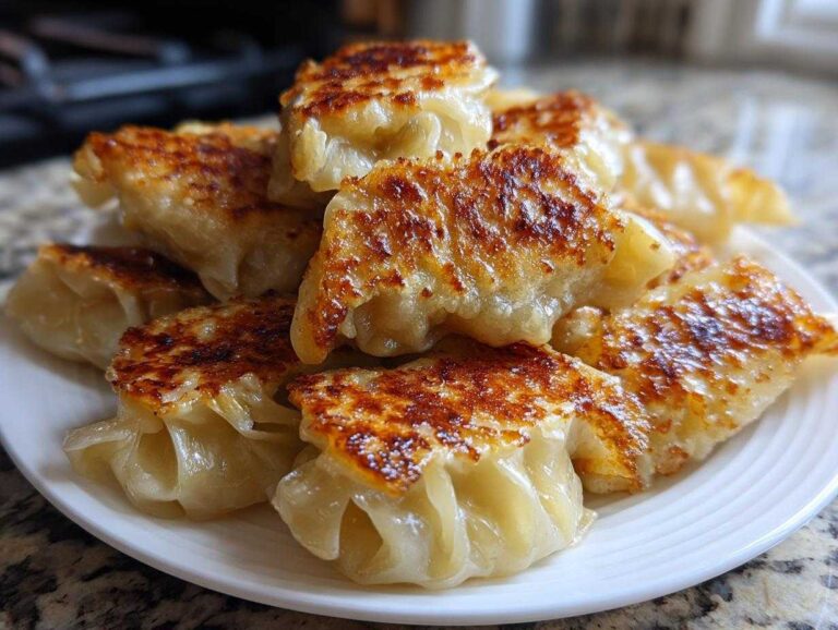 A close-up of several golden-brown, pan-fried cabbage dumplings piled high on a white plate.