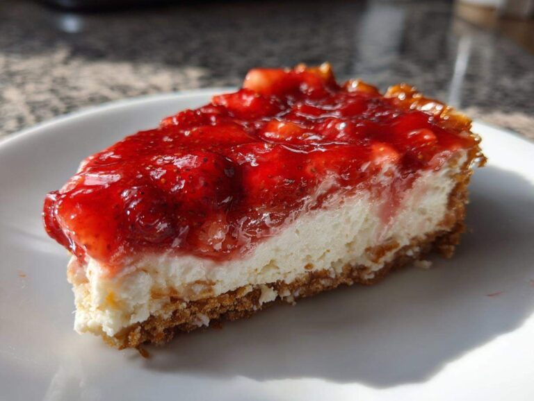 Close-up of a slice of dessert, likely paula deen pretzel strawberry salad, showing a thick cream layer and bright red strawberry topping over a crumbly crust.