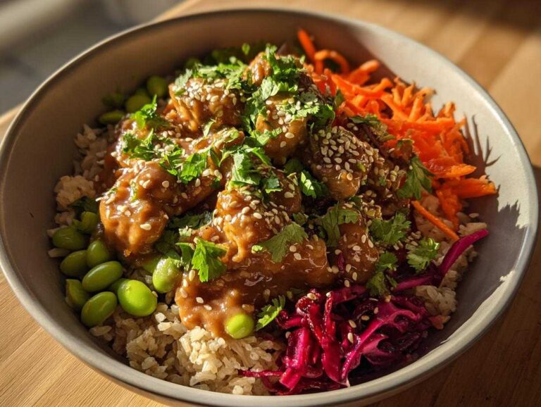 A close-up of a Peanut chicken protein bowls featuring saucy chicken, brown rice, edamame, shredded carrots, and red cabbage.