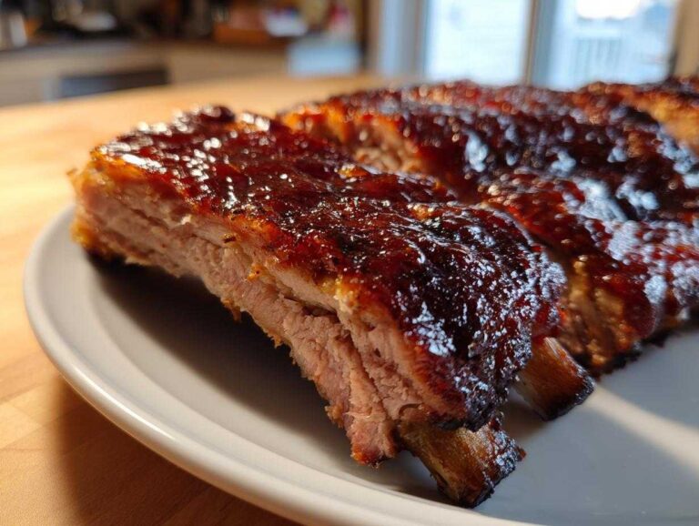 Close-up of tender, glazed Pellet Grill Smoked Ribs sliced and served on a white plate.