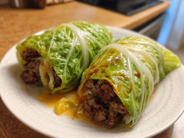 Close-up of two cooked Philly cheesesteak cabbage wraps filled with seasoned ground beef and melted cheese.