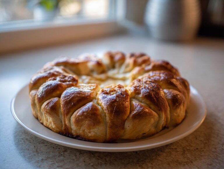 A freshly baked, golden brown Pigs in a Quilt arranged in a circular wreath shape on a white plate.