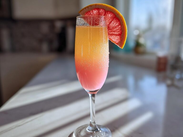 A vibrant Pink grapefruit mimosa showing a beautiful color gradient from pink to orange, garnished with a grapefruit slice.