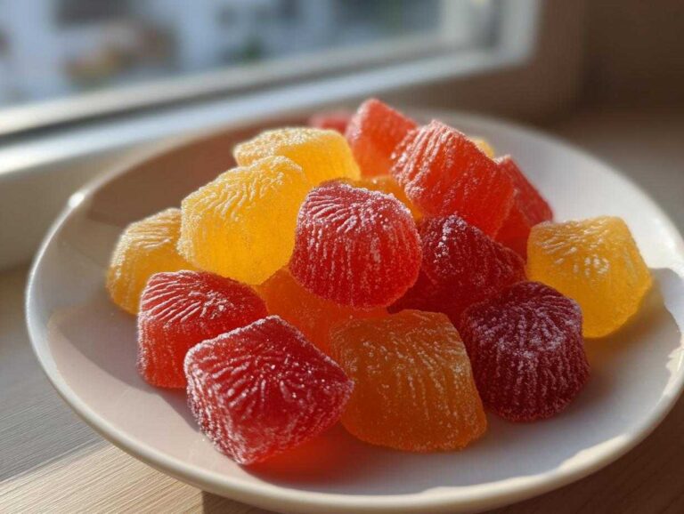 A pile of brightly colored, sugar-coated red and yellow probiotic fruit gummies on a white plate.