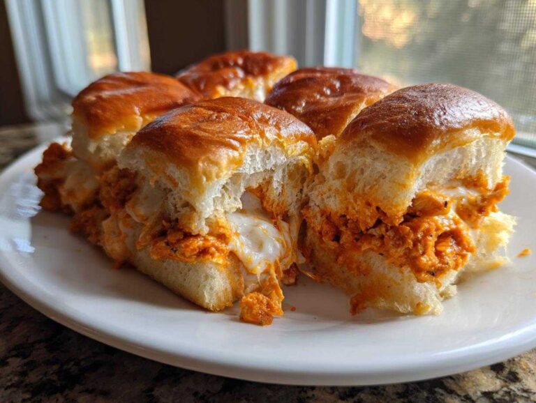 Close-up of several gooey, cheesy Pull Apart Buffalo Chicken Sliders served on a white plate.