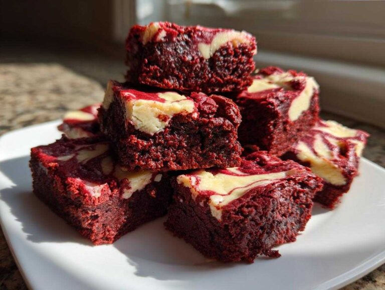 A stack of rich, dark red, fudgy red velvet brownie bites with cream cheese swirls on a white plate.