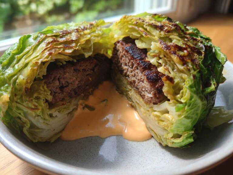 Cross-section of a roasted cabbage burger showing the thick meat patty wrapped in charred cabbage leaves and special sauce.