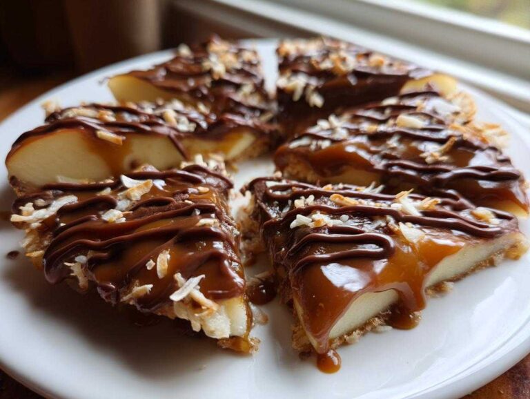Four slices of Samoa apple slices topped with thick caramel, chocolate drizzle, and toasted coconut flakes.