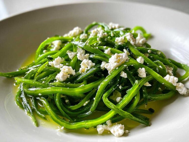 Close-up of a bright green shaved snap pea salad with crumbles of white goat cheese and a light vinaigrette.