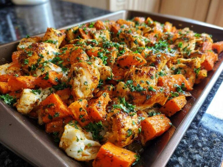 Close-up of seasoned chicken pieces and bright orange carrots roasting together on a sheet pan chicken and carrots recipe.