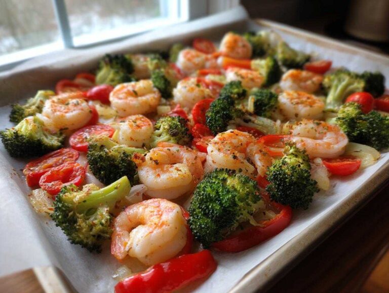 Close-up of Sheet pan garlicky shrimp and veggies including broccoli, tomatoes, and peppers on parchment paper.