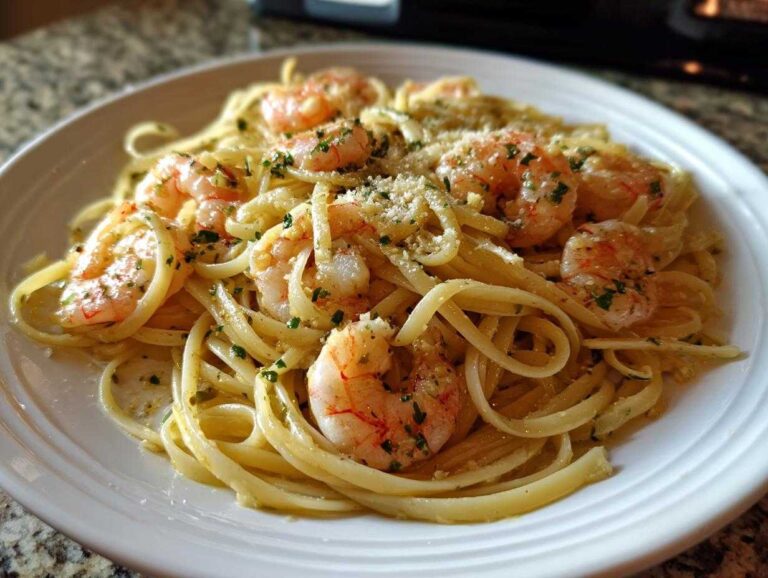 A serving of delicious shrimp scampi with linguine pasta, topped with parsley and grated cheese.