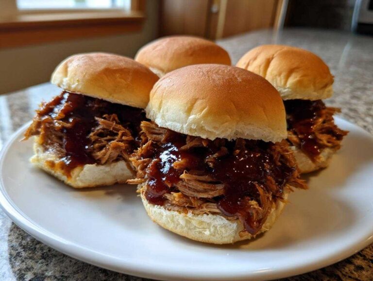 Four delicious Slow Cooker Pulled Pork Sliders piled high with saucy meat on soft white buns, served on a white plate.