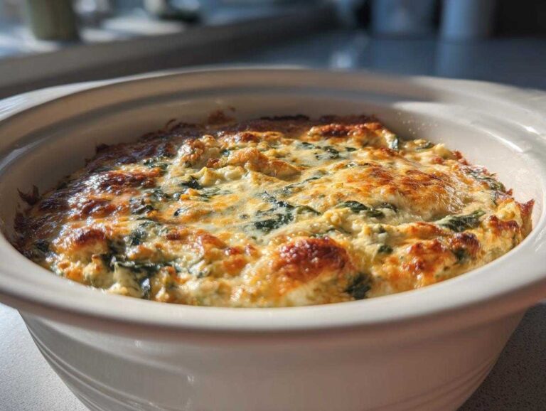 A close-up of hot, bubbly slow cooker spinach artichoke dip with a beautifully browned and cheesy top in a white ceramic dish.