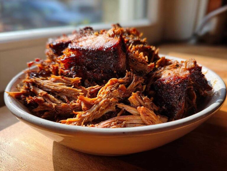 A close-up of perfectly shredded and chunked Slow smoked pork butt glistening in natural light.