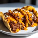 Three crispy Smash burger tacos filled with seasoned meat, melted cheese sauce, and diced onions, ready to eat.