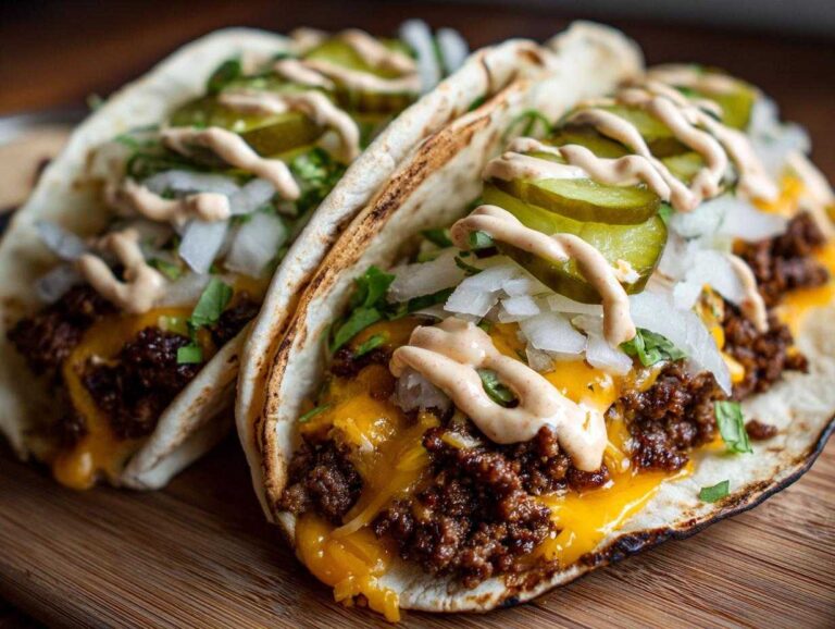 Two delicious smash burger tacos filled with seasoned ground beef, melted cheese, onions, pickles, and a drizzle of sauce.