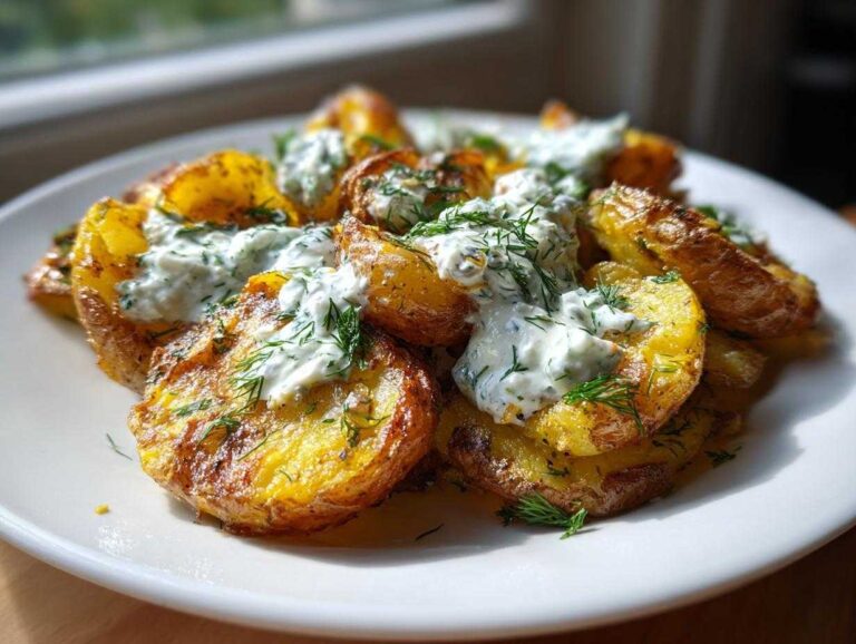 Close-up of crispy smashed potatoes topped with creamy tzatziki dressing and fresh dill, perfect for smash potato salad.
