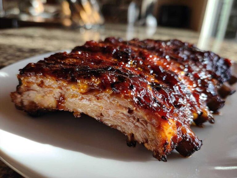 A close-up cross-section of tender Smoky BBQ ribs with maple chipotle glaze, showing the moist interior and caramelized exterior.