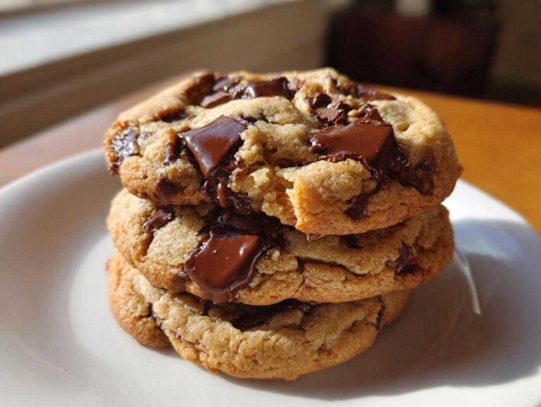 A stack of three thick, soft and chewy chocolate chip cookies with melted chocolate chunks on a white plate.