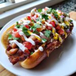 A fully loaded Sonoran hot dog with bacon wrap, topped with beans, tomatoes, onions, crema, and mustard.