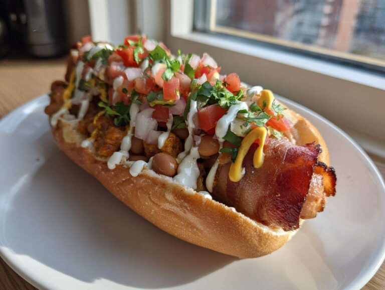 A fully loaded Sonoran hot dog with bacon wrap, topped with beans, pico de gallo, mustard, and crema.