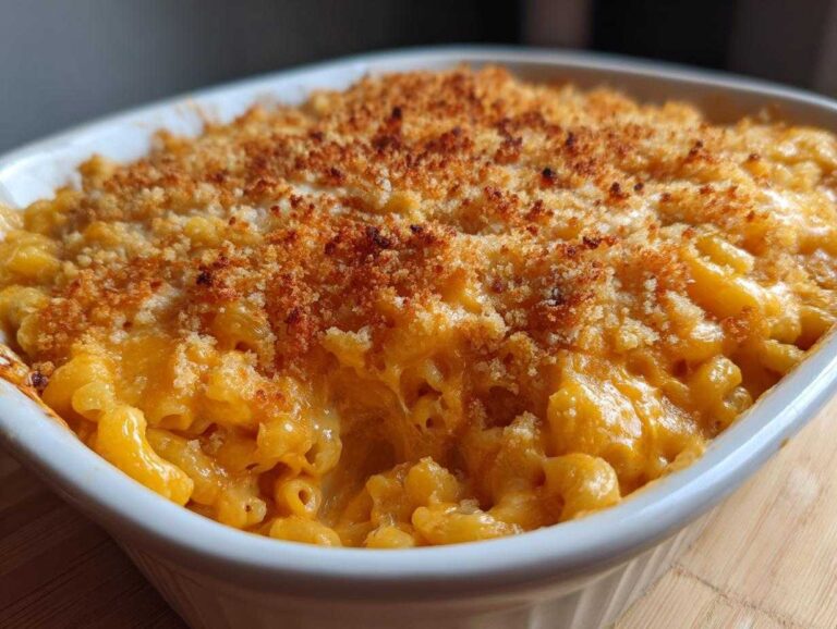 Close-up of creamy, cheesy Southern mac and cheese baked in a white dish with a golden, crunchy breadcrumb topping.