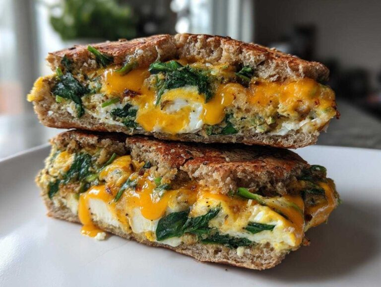 A cross-section of two halves of a grilled Spinach and egg breakfast sandwiches stacked, showing melted cheddar cheese, spinach, and egg.