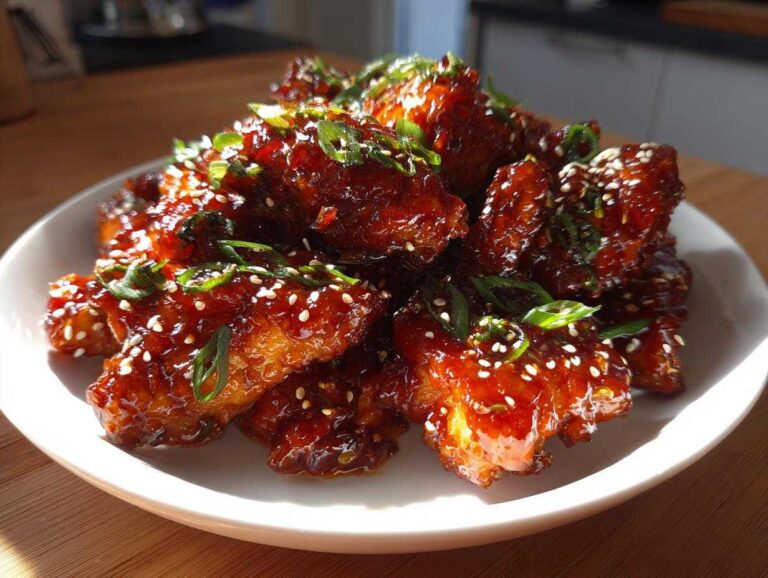 Close-up of crispy chicken pieces coated in a thick, glossy sauce, garnished with sesame seeds and green onions, representing Sticky honey garlic chicken.