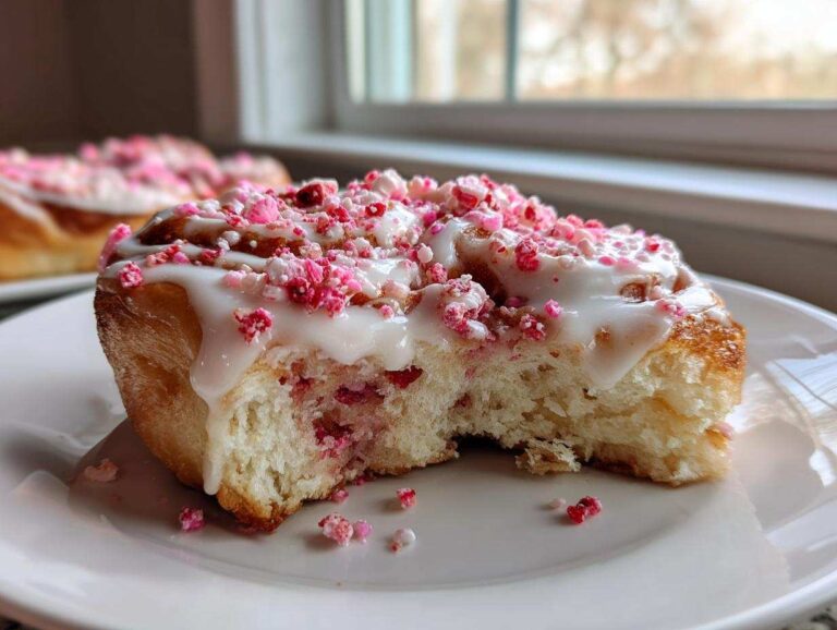 A close-up of a soft Strawberry crunch cinnamon rolls with white icing and pink crunch topping, showing a bite taken out.