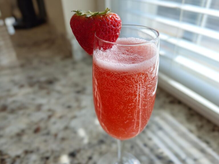 A flute glass filled with a bubbly, red Strawberry guava mimosa, garnished with a fresh strawberry.