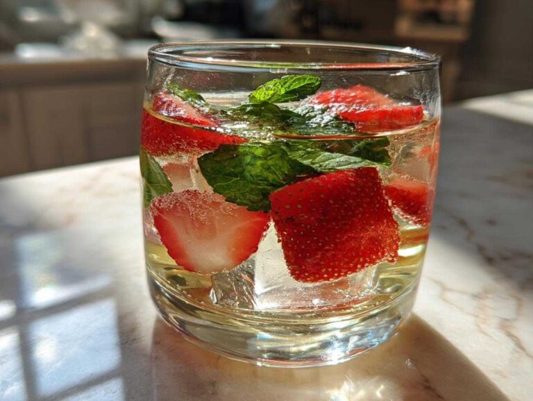 Close-up of a glass filled with Strawberry mint sangria, ice cubes, fresh strawberries, and mint leaves.