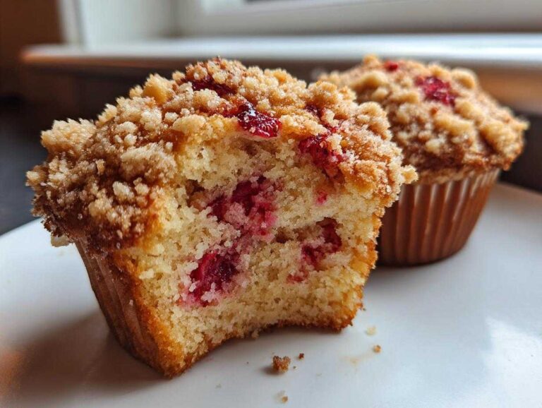 A close-up view of a delicious strawberry muffin cut in half, showing the pink berry filling and sweet crunch topping.