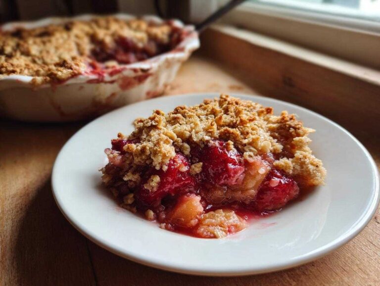 A close-up serving of warm Strawberry Rhubarb Crisp on a white plate, showing juicy red filling and golden crumble topping.
