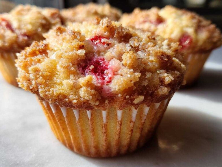 A close-up, featured image of a freshly baked Strawberry Rhubarb Streusel Muffin topped with golden brown crumble.