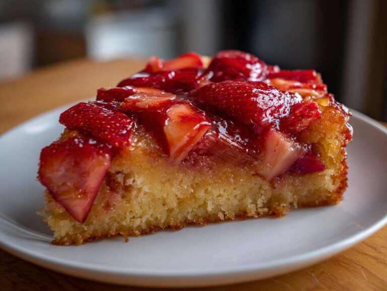 Close-up of a moist slice of Strawberry Rhubarb Upside Down Cake topped with glossy, caramelized strawberries.