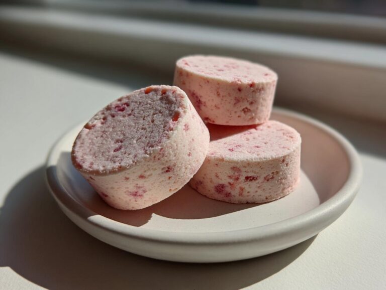 Three small, round, pink strawberry shortbread cookies stacked slightly on a white dish near a window.