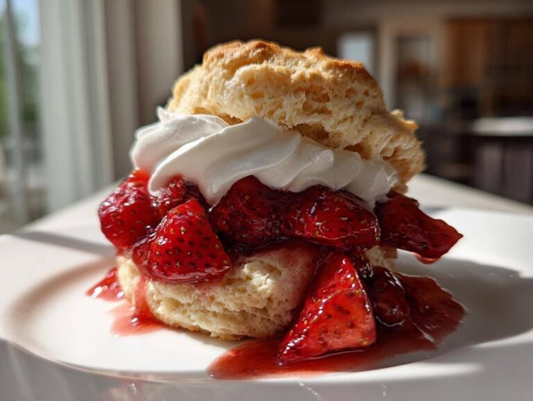 A decadent serving of strawberry shortcake with lemon buttermilk biscuits, topped with macerated strawberries and whipped cream.